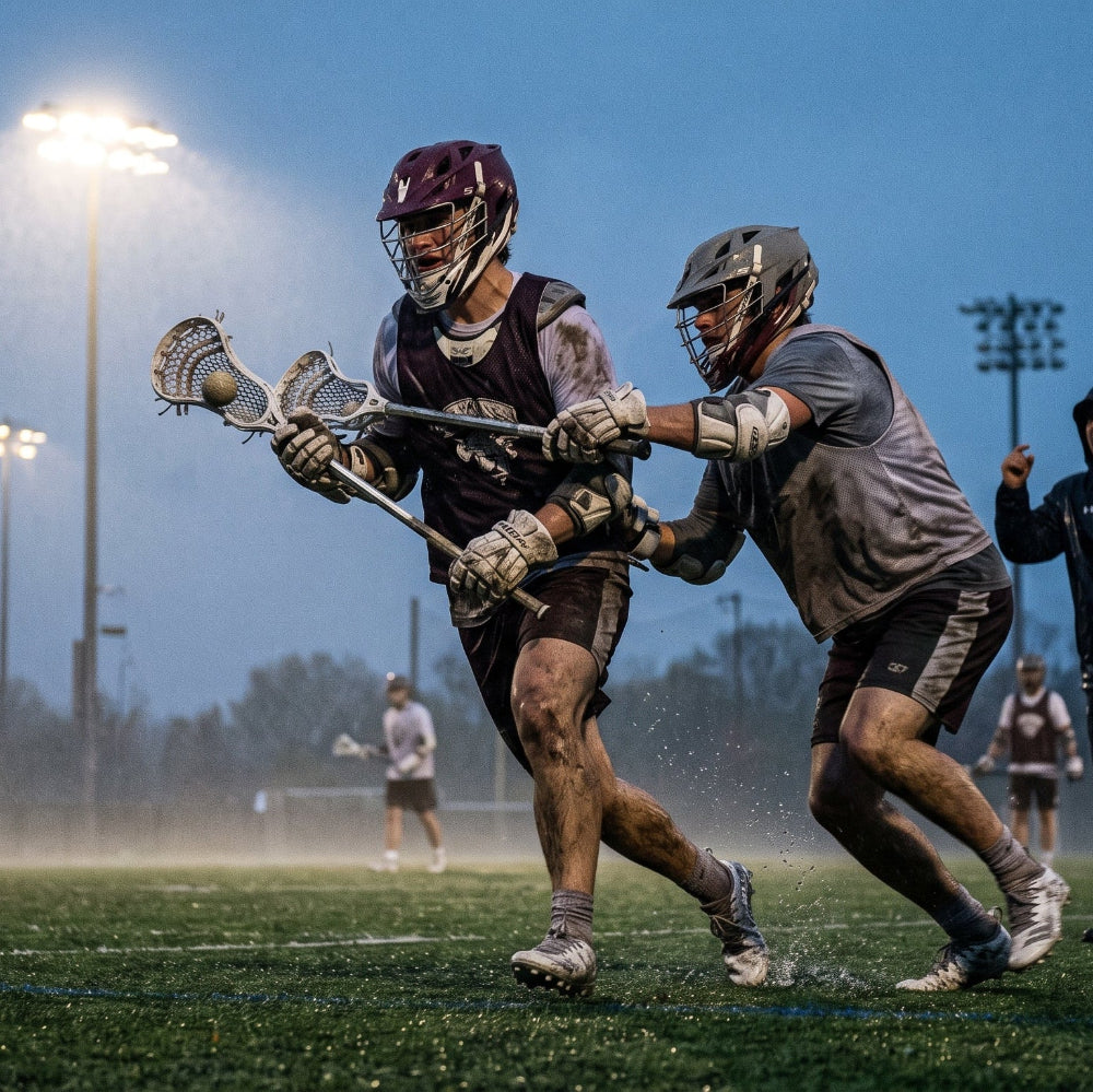 Two lacrosse players in protective gear and helmets battle for a ball on a muddy field under bright stadium lights, with other players and a coach visible in the background.